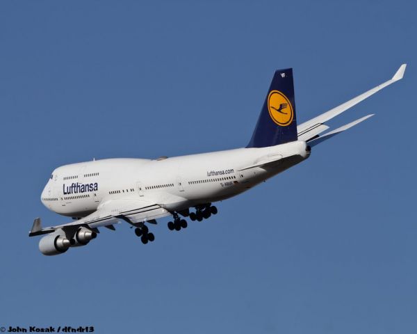 Boeing 747-400 (D-ABVF) - DLH418 arriving at Dulles International.  The crew is busy turning to final on runway 30 after following the 10R localizer to within 2 miles of the end of that runway.  Makes for some spectacular banking turns.