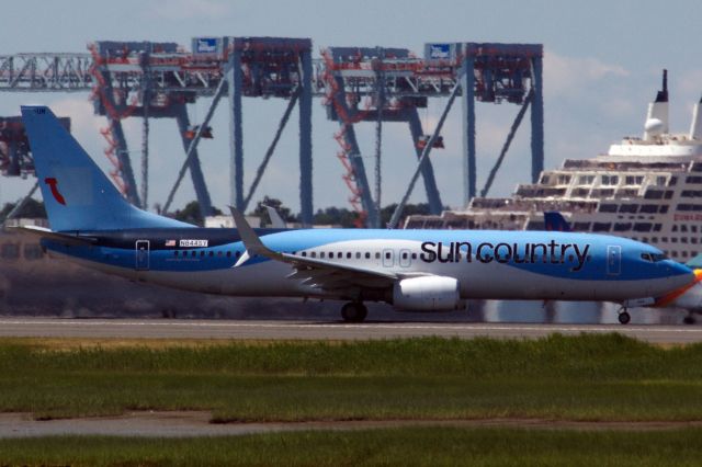 Boeing 737-800 (N844SY) - I believe this is Sun Country's newest aircraft: B737-800 (N844SY) in TUIfly livery departing Boston Logan on 7/4/22.