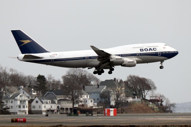 Boeing 747-400 (G-BYGC) - 'Speedbird 13 Golf' landing on 22L. This is the first visit to Boston in the new BOAC retro livery.