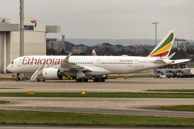 Airbus A350-900 (ET-AYA) - 26th March, 2023: Parked on the apron during the 14 hour layover at Heathrow between flight ET 700 from Bole International Airport in Addis Ababa and the return flight ET 701. Named "Geneva" and of 2020 vintage, she is one of 19 A350s in Ethiopian's 134 strong aircraft fleet. 