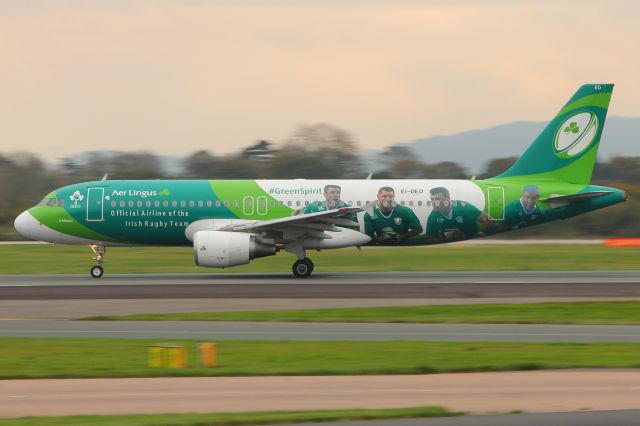 Airbus A320 (EI-DEO) - EI-DEO Aer Lingus retro liveried A320 taking off from Manchester en route to Dublin on the afternoon of Wednesday 18/10/17