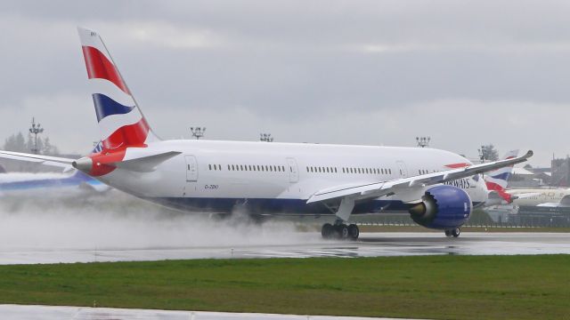 Boeing 787-9 Dreamliner (G-ZBKI) - BOE370 begins a RTO check on Rwy 16R on 3/16/16. (ln 406 / cn 38625). The aircraft landed a few minutes prior to this during a heavy rain shower.