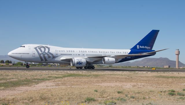 Boeing 747-200 (N787RR) - 03/22/2016 New Look for Rolls-Royce Boeing 747.  First Flight with new Trent 1000 engine, from Tucson Az.