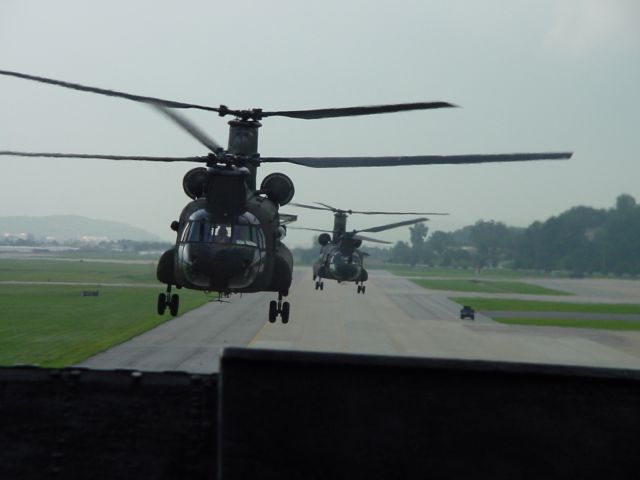 Boeing CH-47 Chinook — - Departure from Osan AFB, Korea out the back ramp of lead aircraft
