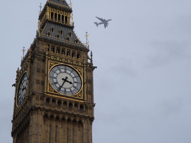 Airbus A380-800 — - London, behind Big Ben ... Arriving on time?