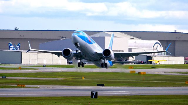 Boeing 737 MAX 8 (G-TUMN) - TOM92P on rotation from Rwy 34L beginning its delivery flight to LGW on 4.27.22. (B737-MAX 8 / ln 8216 / cn 44655).