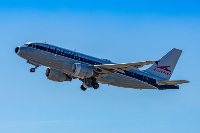 Airbus A319 (N745VJ) - An American Airlines A319 in Allegheny retro livery taking off from PHX on 2/24/23. Taken with a Canon R7 and Canon EF 100-400 ii lens.