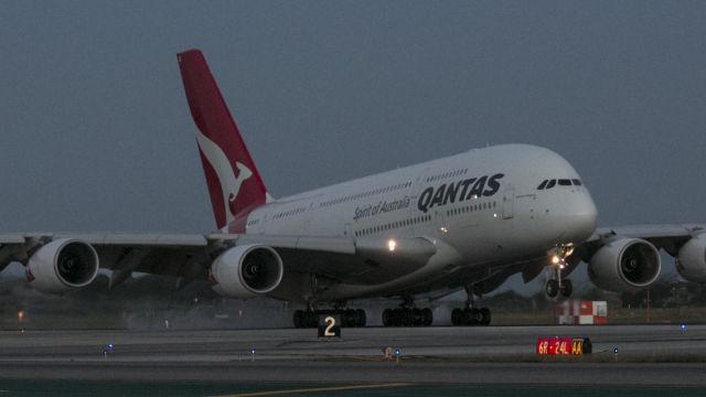 Airbus A380-800 (VH-OQE) - A really big kangaroo hops onto runway 6R before sunrise at LAX, Los Angeles, California USA 06:05 am, 7 March 2015