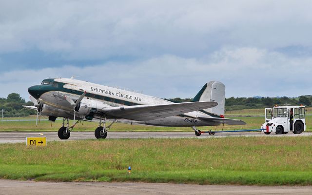 Douglas DC-3 (ZS-NTE) - springbok classics air dc-3 zs-nte being towed to the iac hanger at shannon for painting into retro aer lingus colours .10/7/17.