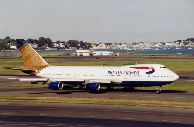 Boeing 747-200 (G-BDXO) - Paithani tail scheme at Logan on 08/16/99.