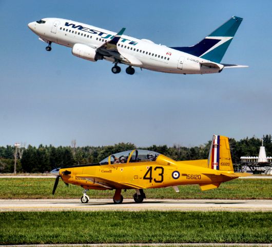 Boeing 737-700 (C-GWJO) - WestJet B737 departs at a CT-156 Harvard II taxis in for Airshow London 2016