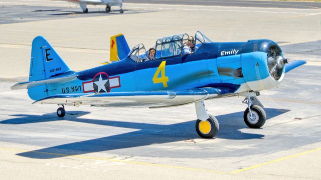 North American T-6 Texan (N57493) - AT-6A Texan at Livermore Municipal Airport after flying in 16 aircraft Memorial Day formation.