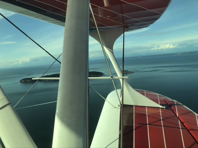 Raytheon Starship (N34AJ) - Photo I took from the front cockpit of the Starduster, on base leg for RWY 16 at Eastsound Airport on Orcas Island in the San Juan Islands