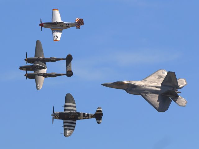 — — - USAF Heritage Flight P-47/P-38/P-51/F-22br /Chino Planes of Fame 2014 AirShow