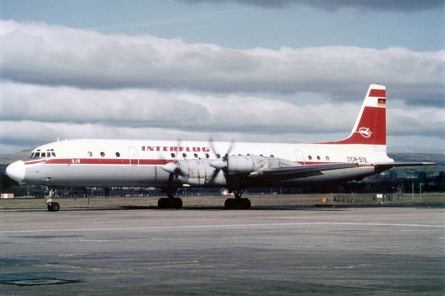 Ilyushin Zebra (DDRSTE) - Low,Low-quality scan,  Taken early eighties. Interflug were regular visitors to Glasgow,  rotating crews from fish-processing ships, in the North of Scotland.