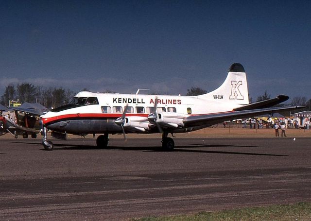 VH-CLW — - DH 114 Heron VH-CLW of Kendall Airlines at the 1977 Schofields Airshow. Scanned from a slide I took at the airshow.