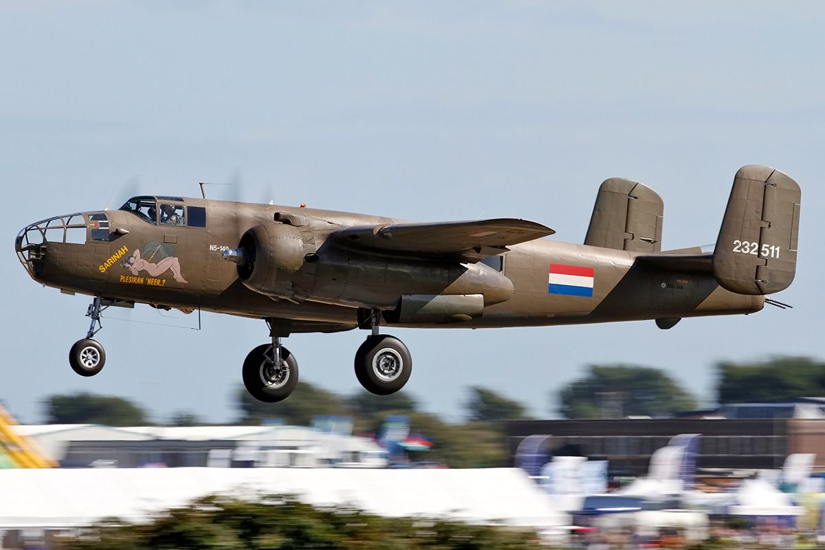 N320SQ — - North American TB-25N Mitchell N320SQ/N5-149/232511 [cn.108-32782]. 'Sarinah' on climbout at the RAFA Charity Shoreham EGKA Airshow Sussex England 31.8.2013.