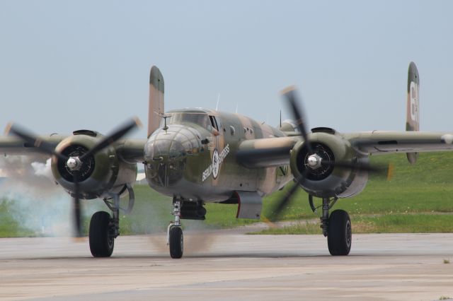North American TB-25 Mitchell (N410V) - The EAA's very own B-25,  "Berlin Express",  firing up engines at Appleton International.  
