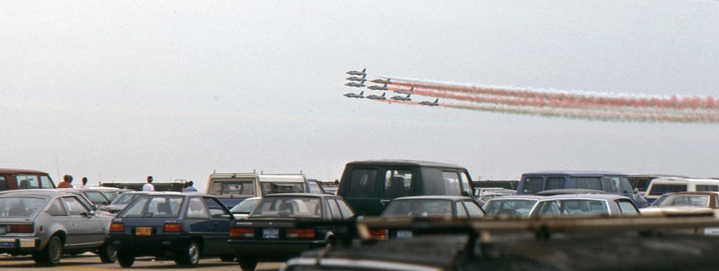 AERMACCHI MB-339 — - McGUIRE AIR FORCE BASE, WRIGHTSTOWN, NEW JERSEY, USA-AUGUST 1986: Performing at the August 1986 Open House and Air Show was the Italian Air Force Aerobatic Team "Frecce Tricolori" (Three-Colored Arrows). 