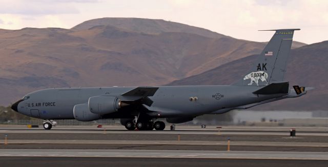 Boeing C-135FR Stratotanker (60-0334) - An Alaska Air National Guard KC-135R displaying the "Tanana" tail flash, one of the nine different tail flashes being worn by the AK ANG's 168th Wing to honor nine interior communities in Alaska, accelerates down runway 34L during its "wrong-way" departure from KRNO yesterday (4 Aug 2022).br /br /KC-135R (60-0334) with honorary "Tanana" tail flashbr /168th Wing, Alaska ANGbr /Eielson AFB, Alaska