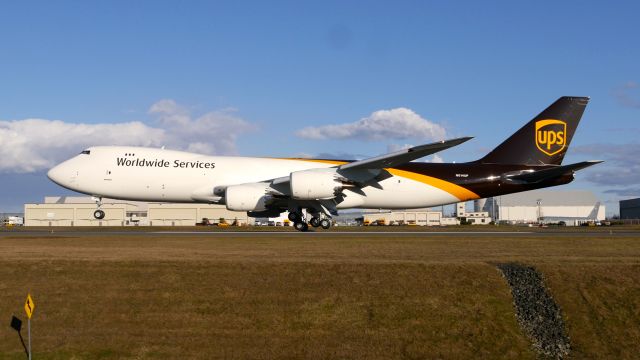 BOEING 747-8 (N614UP) - BOE539 touches down on Rwy 34L to complete a ferry flight from KPDX on 3.2.19. (ln 1552 / cn 64260).