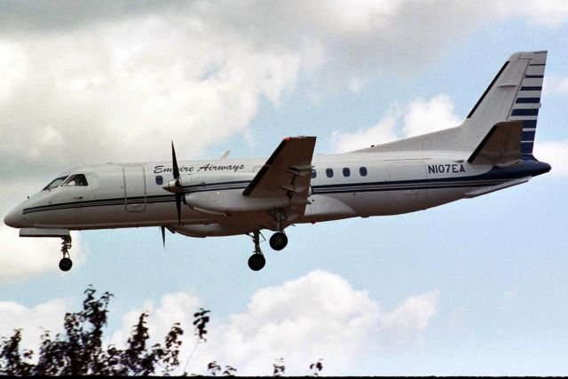 Saab 340 (N107EA) - On final approach for rwy 1 in Sep-05.  Reregistered C-GPCG 20-Feb-06 for Pacific Coastal Airlines.