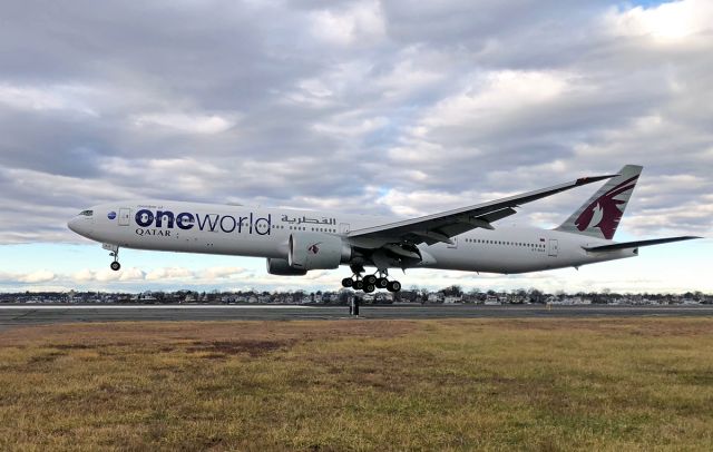 BOEING 777-300ER (A7-BAA) - Qatar Oneworld special livery RWY27 arrival. 1st day of upgraded service from A350-900 service 12-03-18