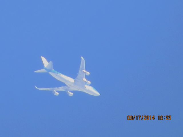 Boeing 747-400 (PH-BFO) - Korean Airlines flight 685 from Amsterdam to Mexico City over Southeastern Kansas at 36,000 feet.