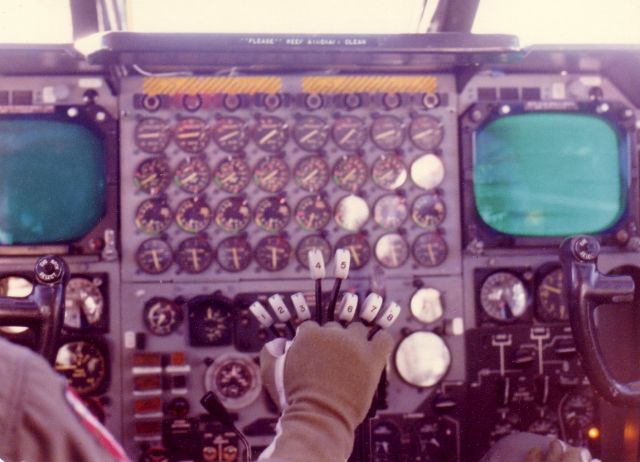 Boeing B-52 Stratofortress (58-0189) - Handful of throttles...B52G 58-189 (8th AF, 379th BW, Wurtsmith AFB, Michigan) on low level simulated bombing run somewhere over the U.S.  Im the Crew Chief and took the photo from the Instructor Pilot (IP) seat.  1979.