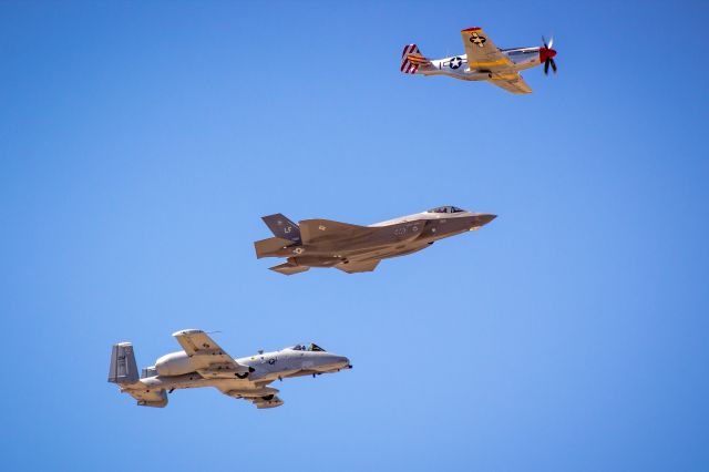 Lockheed F-35C — - A US Air Force F-35 and A-10 join a P-51 to perform the Heritage Flight for the 2018 Luke Days Airshow.br /br /a rel=nofollow href=http://www.ThePilotsEye.comwww.ThePilotsEye.com/a