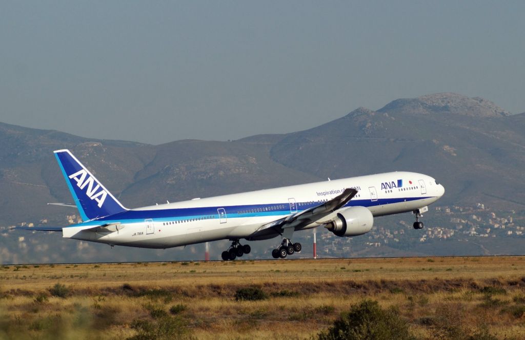 Boeing 777-200 (JA781A) - ANA triple7 taking off from Athens. This was a charter flight to bring passengers for Greek Islands Cruise.