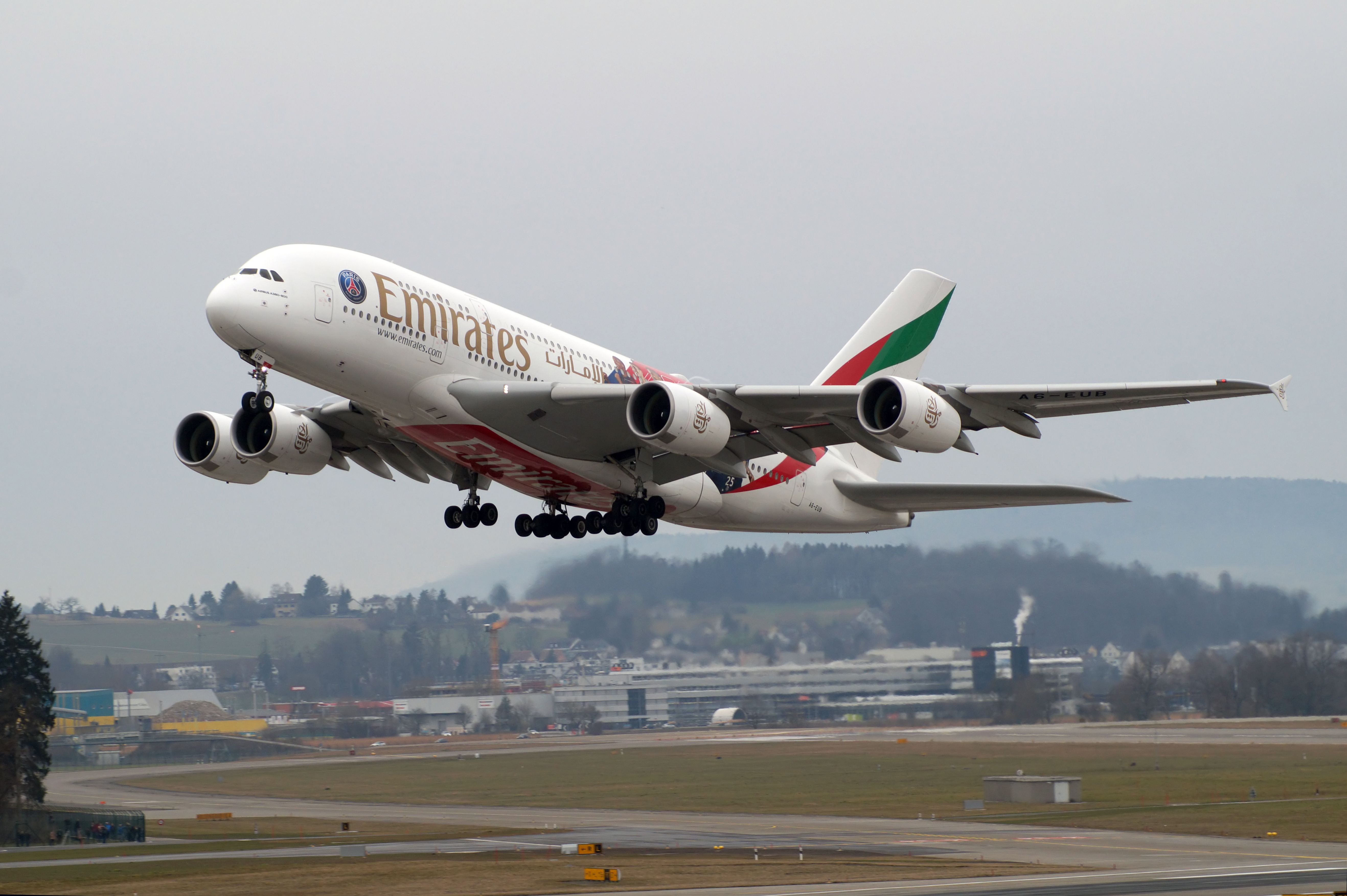 Airbus A380-800 (A6-EUB) - Emirates A388 A6-EUB - PSG Livery taking off a rainy day from Zurich. Unfortunetally this livery has now been erased.