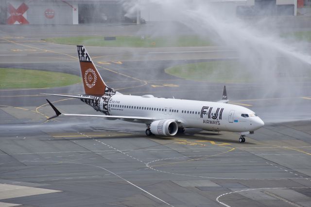 Boeing 737 MAX 8 (DQ-FAB) - DQ-FAB receiving a water cannon salute after arriving on it's inaugral flight to Wellington.