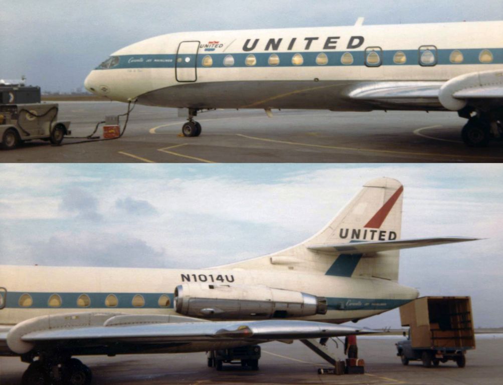 SUD-EST SE-210 Caravelle (N1014U) - Two separate Kodak 620 prints from the 1960s that have been scanned as one combined shot so they could be presented as one post.  A Sud Aviation SE-210 Caravelle (N1014U) snapped at Greater Buffalo International Airport (now KBUF - Buffalo Niagara International) at the United terminal as a charter to transport the AFLs Buffalo Bills to an away game.  (** At the time these two pictures were taken, the AFL and NFL has not yet merged so the American Football League was still a separate league.)br /Suggestion >> For a close-up look at this excellent Sud Aviation aircraft, click on FULL and then each segment of this combined post can be viewed in closer detail.