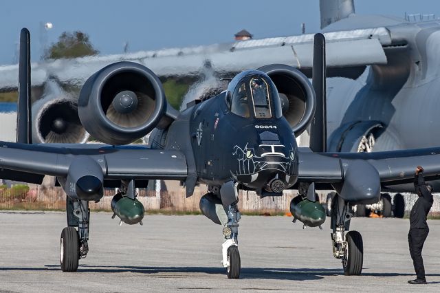 Fairchild-Republic Thunderbolt 2 (80-0244) - The Black Mamba from the A-10 Thunderbolt Demo Team, Davis-Monthan AFB, AZ, pulling in to park on the ramp at BKL Thursday, 29 Aug 2024. The A-10 Demo Team inherited this Fairchild A-10C Thunderbolt II, 80-0244, from the 122nd Fighter Wing “Blacksnakes” at Fort Wayne, IN Indiana Air National Guard when they transitioned to the F-16 Fighting Falcon in April of this year. Sadly, it looks like the Blacksnake will be retired and put into storage at AMARG around September 8th or 9th. Unfortunately, the A-10’s days are numbered.