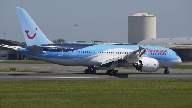 Boeing 787-8 (G-TUIA) - BOE317 taxis on runway 16R having just landed from a flight test on 5/9/13. (LN:92 cn 34422).