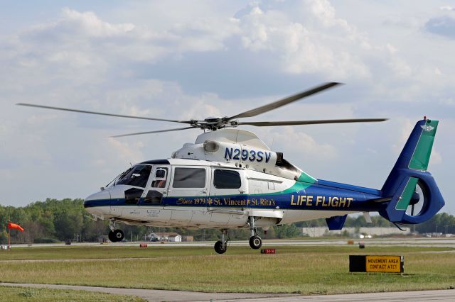 Aerospatiale Dauphin 2 (SA-365C) (N293SV) - Lifeflight-2, a Eurocopter AS365 N2 Dauphin, operated by Mercy Health, approaching the landing zone during the Toledo Express Airport triennial emergency exercise yesterday, 18 May 2021.