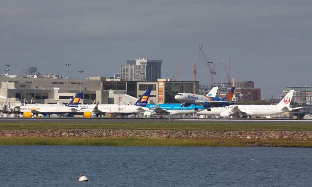 Airbus A320 (N253NV) - Allegiant Air about to touchdown at Boston Logan's 15R with a nice looking lineup at terminal E in back on 9/13/20. 