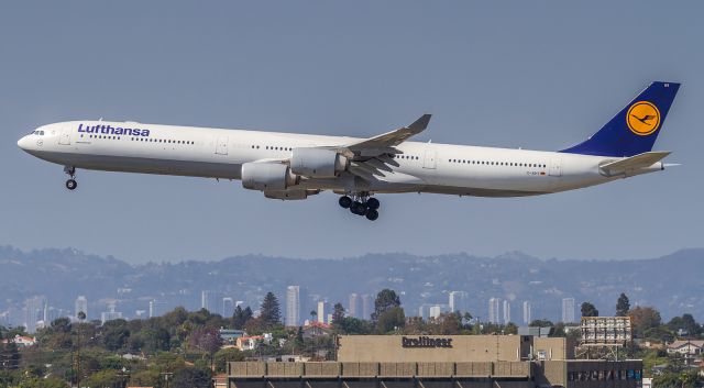 Airbus A340-600 (D-AIHY) - Just about to cross Sepulveda Blvd and down to runway 24R at LAX