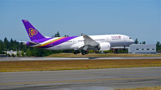 Boeing 787-8 (HS-TQA) - BOE588 on short final to Rwy 34L to complete a flight test on 7/9/14. (LN:190 / cn 35315).