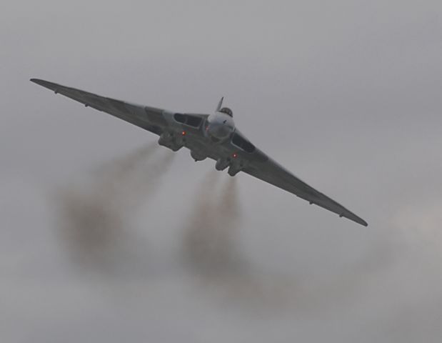 XH558 — - On 27.09.09 the last flying Avro Vulcan XH558 made a flypast of Manchester and Woodford Aerodrome five miles away.  Seen here turning onto a very short final approach to MANchester Airport (EGCC).    XH558 was built at Avros (now BAe Systems) in 1960, at its plant at Woodford near Manchester Airport.