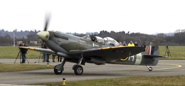 SUPERMARINE Spitfire (PNR202) - These 4 images of Spitfire RV202 operated by Flying with Spitfires.com especially historic as they were taken at Southampton Airport UK on the 80th Anniversary of the first flight of the Supermarine Spitfire on 5 March 1936, the pilot was Mutt Summers. The Spit was probably the most famous fighter of WW2, and was instrumental in the winning of the Battle of Britain along with the Hawker Hurricane in early summer 1940.