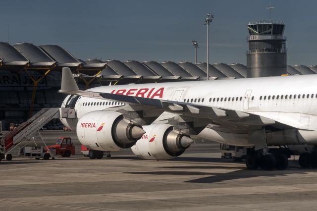 Airbus A340-600 (EC-IQR) - 26th October, 2019: Being serviced on the ramp at her home base in Madrid Barajas. 