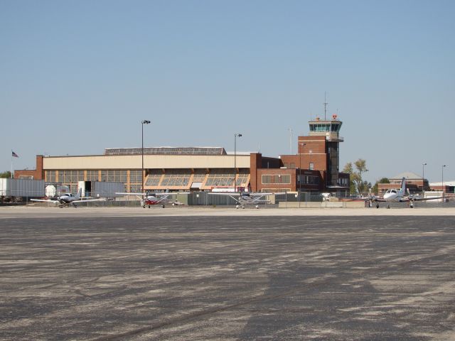 — — - Old tower and hangar at Olathe Ks New Century airport.