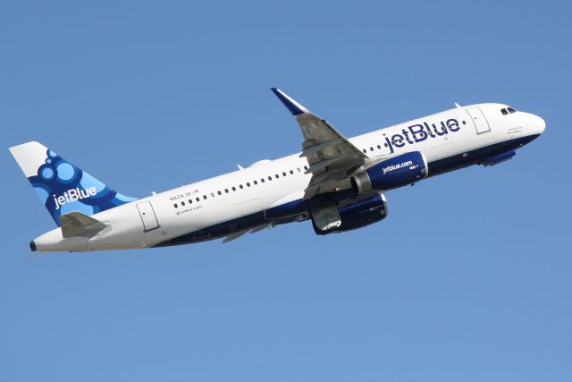 Airbus A320 (N828JB) - JetBlue Flight 164 (N828JB) "Simon Says Fly JetBlue" departs Sarasota-Bradenton International Airport