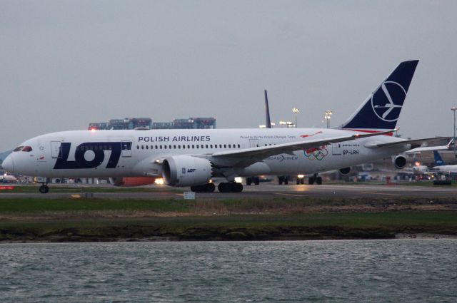 Boeing 787-8 (SP-LRH) - LOT B788 with special 'Proud to Fly the Polish Olympic Team' markings - an EWR weather diversion to BOS on 5/16/22.