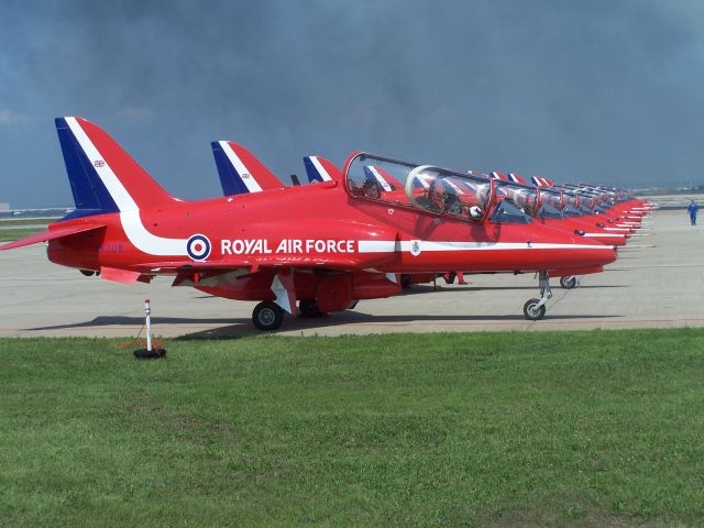 Boeing Goshawk (XX308) - XX308 heads this line of Red Arrows jets as they prepare to start their display at the Rhode Island ANG Air Show July 2008. Sadly the pilot and this aircraft were lost in an accident during a display in Bournemouth, England in August 2011