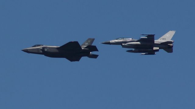 Lockheed F-35C (F001) - First Dutch Joint Strike Fighter (F-35A) making its first "tour of the country", accompanied by the fighter it is to replace, the F-16; Picture taken near Schiphol Airport