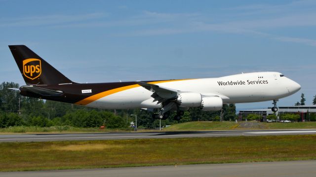 BOEING 747-8 (N624UP) - BOE610 on short final to Rwy 34L to complete a ferry flight from KPDX on 6.26.20. (ln 1558 / cn 63784). The aircraft is using temporary reg #N784TD. 