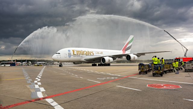 Airbus A380-800 (A6-EEZ) - first of September in 2014 the A380 from Emirats A6-EEZ first Landing in EDDF Germany. Welcome with the Firefighters water fountain. I was lucky to become a Press Ticket to be inside the Airport and make some lovely Picturs.